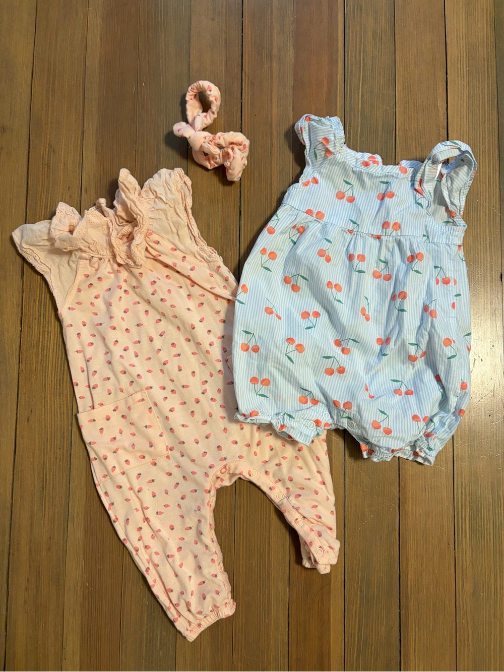 Baby Girls Peach Romper & Blue Cherry Bubble Outfit Set